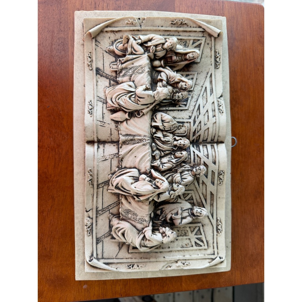Vintage Last Supper 3D Relief Wall Plaque Open Book Resin Religious Decor 12in